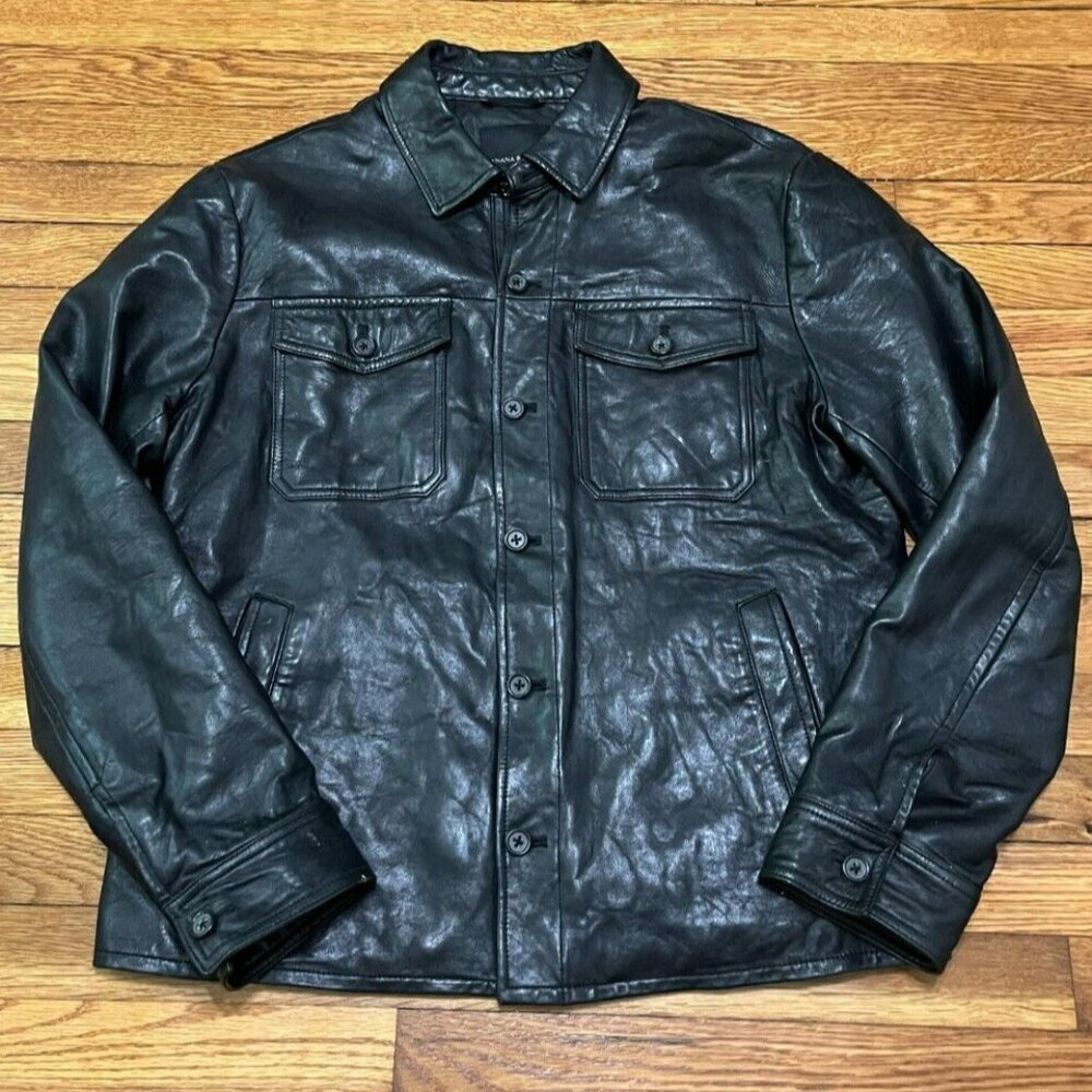 Banana Republic Mens Heavy 100% Leather Jacket Size Large Black Pockets Casual